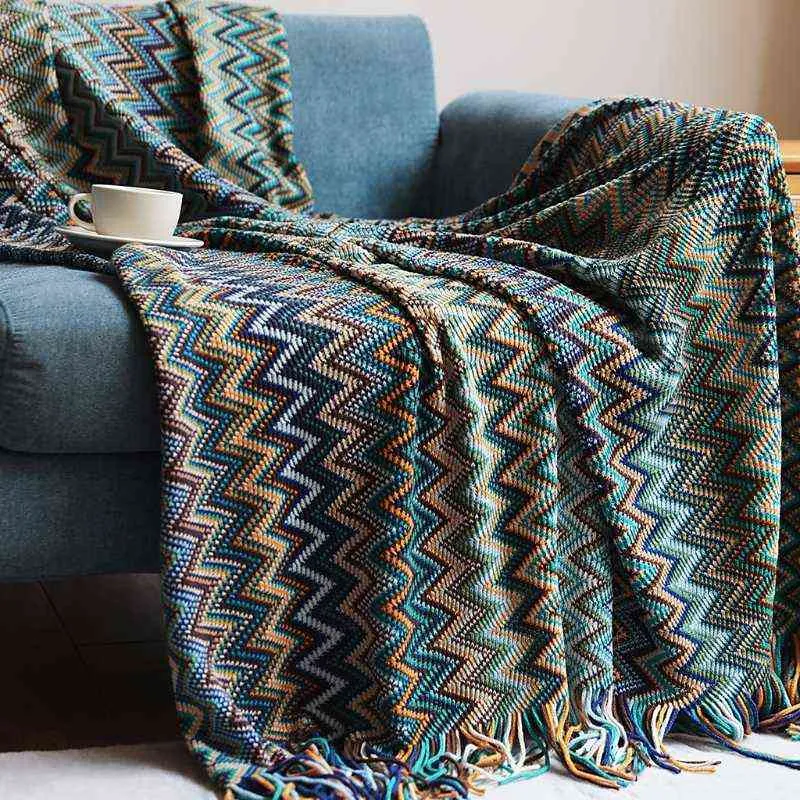 Bohemiskt kast filt med fransar färgglada vågiga randiga mönster resor stickat sjal soffa soffa stol säng täckning 2111227484849