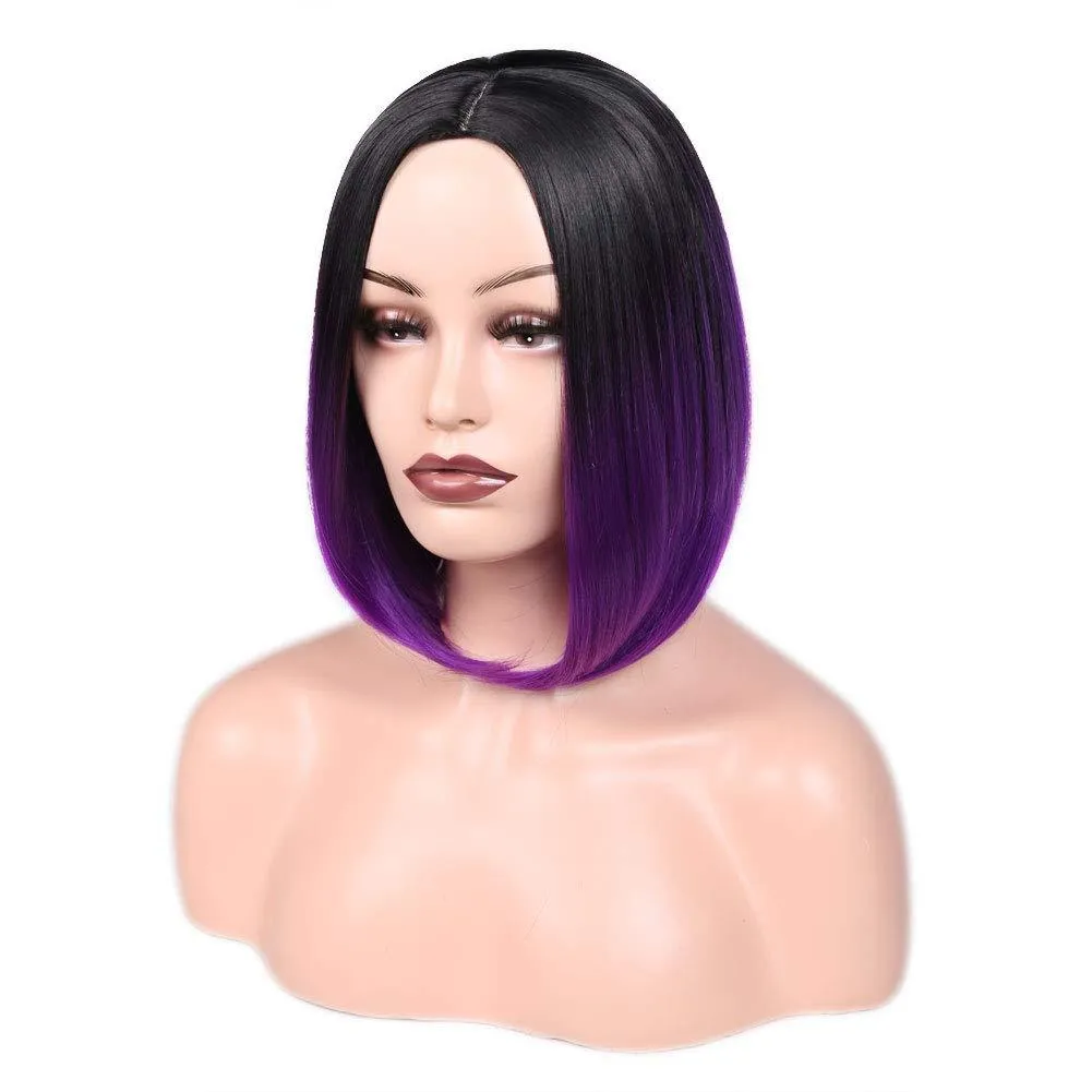 総合ボブウィッグシミュレーション人間の髪の毛のかつら12インチ黒紫色のオンブルカラーミドルパートペルルクRXG9170