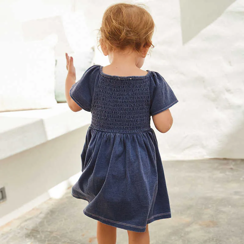 Enfants 2021 été nouveau bébé fille vêtements bleu marine Vestiods enfant en bas âge chemise bouton robes de mode pour enfants 2-7 ans Q0716