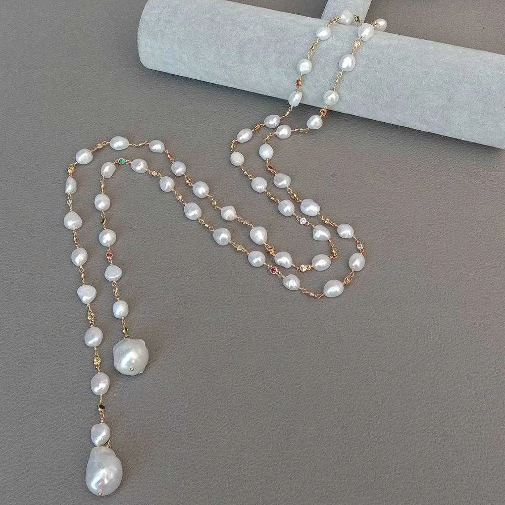 Y·YING 128 cm d'acqua dolce bianco Keshi perla bianca perla barocca colore misto zirconi pavimenta catena collana lunga gioielli da donna