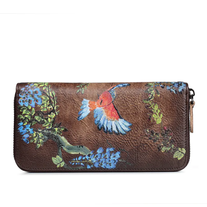 Wallet Women Genuine Leather Vintage Clutch Wallets Female Bird Long Purse Lady Cowhide Leather Phone Bag
