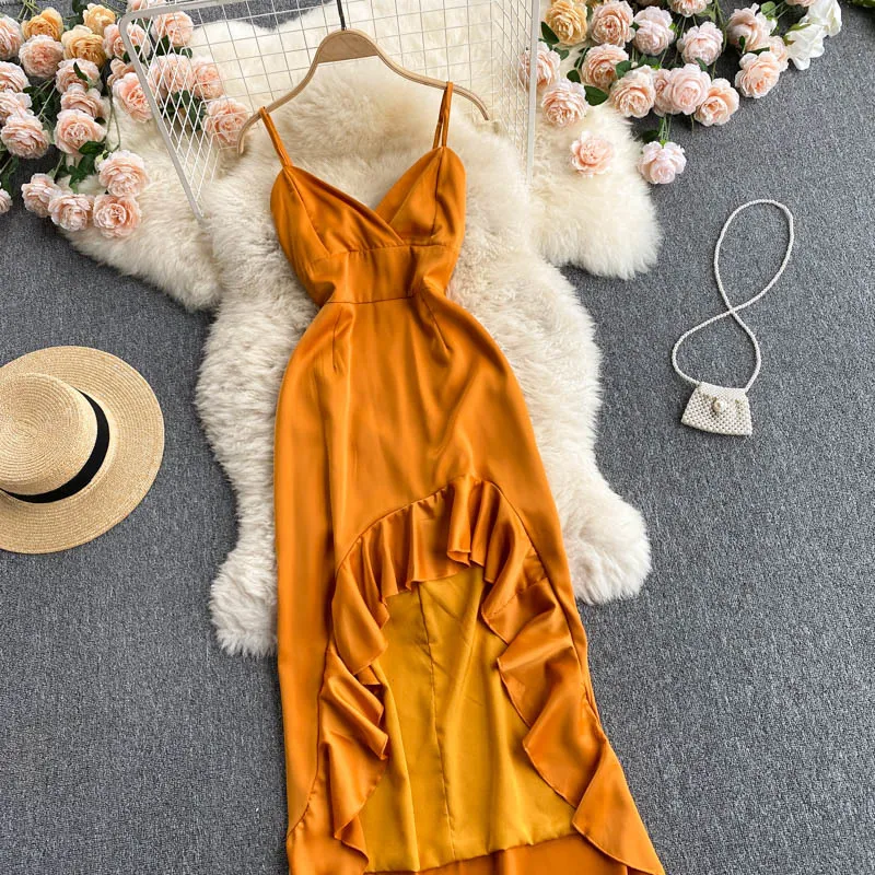 夏のファッションヴェスディド女性の気質Vネック不規則な立ち往生ハーネスMidi Dress GK722 210506