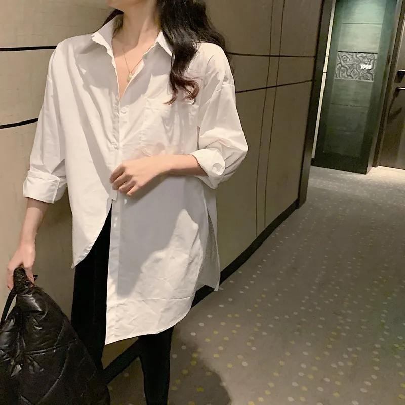 カジュアルプラスサイズの緩いシャツホワイト女性ロングコットン香港スタイルレディーストップスリーブ服13511 210506