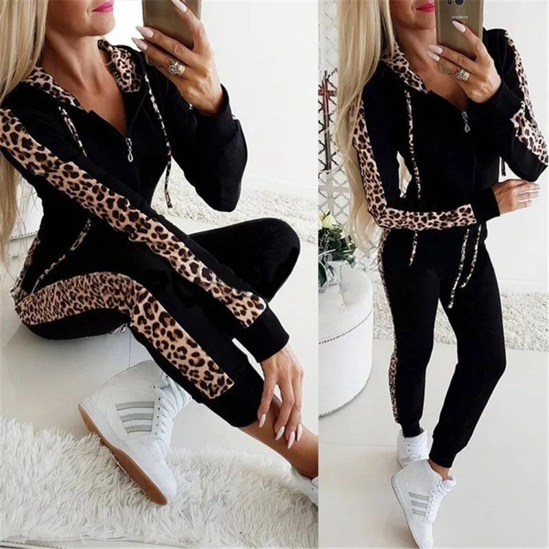 Tataria 2 Stück Set Frauen Leopard Gedruckt Trainingsanzug Herbst Winter Langarm Mantel Weibliche Hoodies Hosen Zwei Stücke 210514