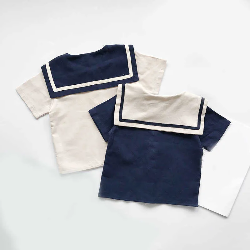 Estate stile coreano bambini colletto alla marinara cotone lino set di vestiti ragazzi ragazze maglietta pantaloncini 2 pezzi abbigliamento bambini neonato 2108043918756