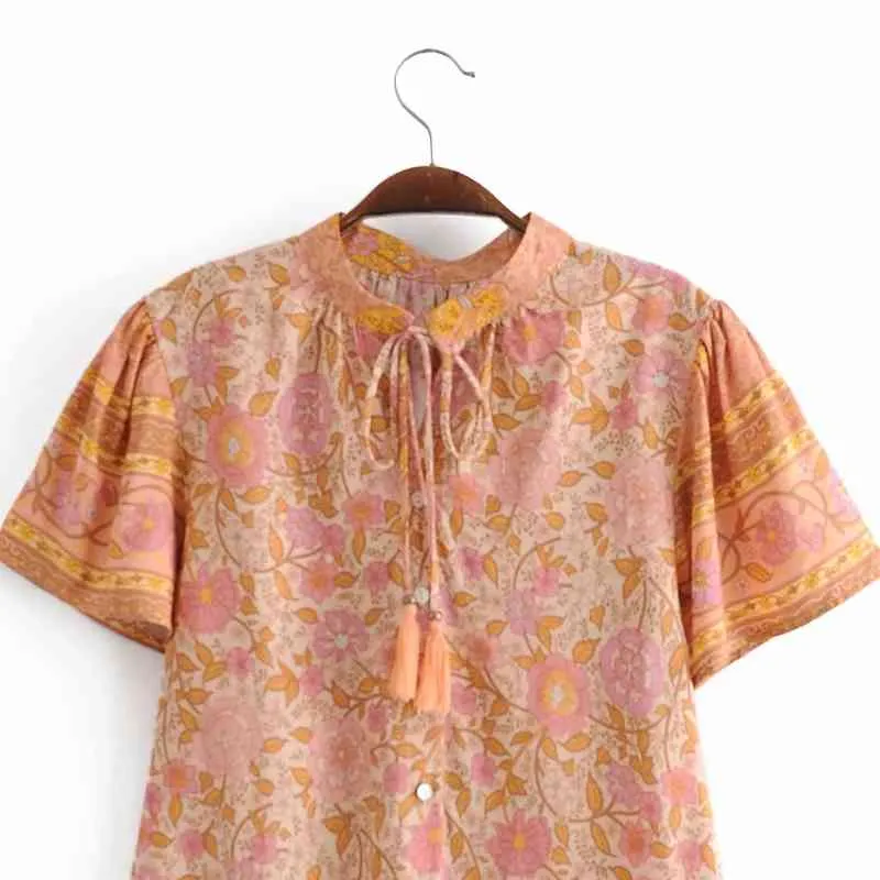 Lente vrouwen bloem printing bladerdeeg mouw shirt etnische stijl Smock vrouwelijke stand kraag blouse dame Losse tops Blusas S8590 210430