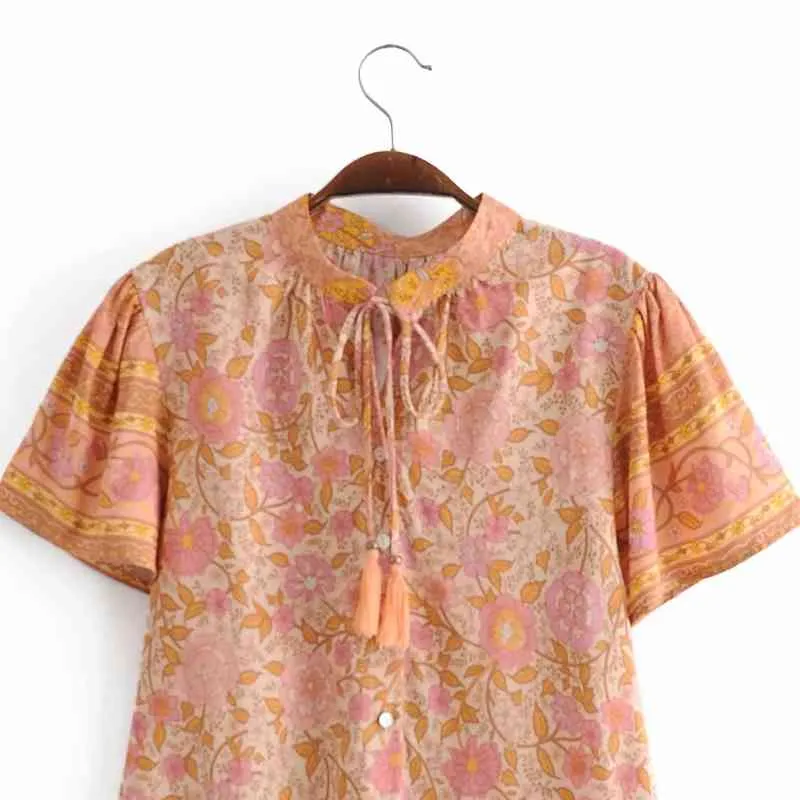 Spring Women Flower Printing Puff Sleeve Shirt Ethnic Style Smock Female Stand Collar Blouse Lady Loose Tops Blusas S8590 210430