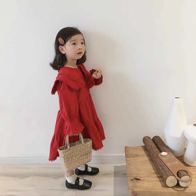 Mode filles grand col rabattu dentelle robe en couches enfants coton rouge robes à manches longues 1-7Y 210708