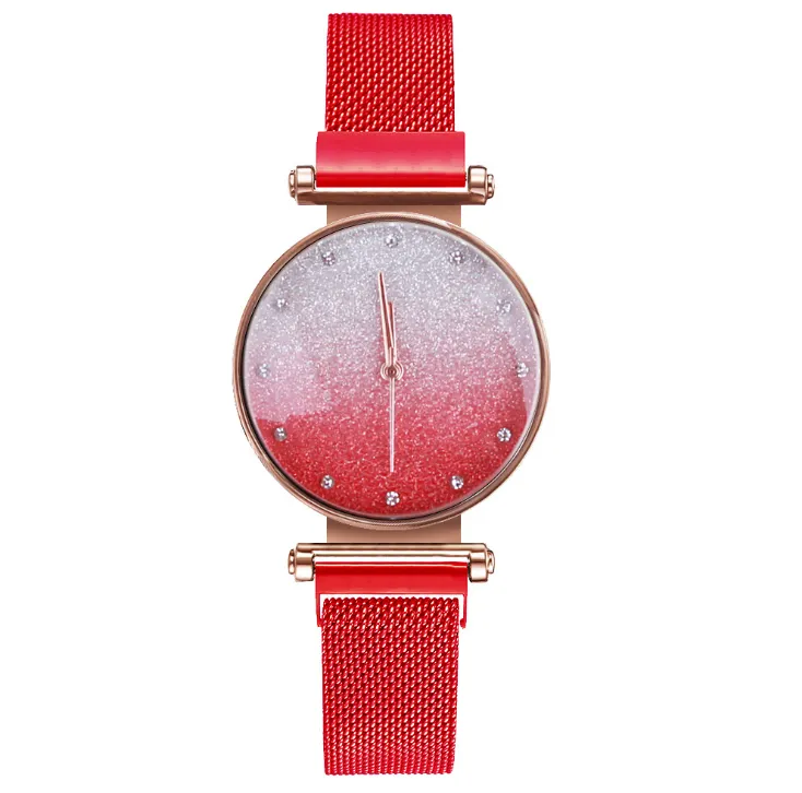 Luz de luxo moda fã feminino relógios pulso quartzo brilhante malha cinta deusa relógios tendência ímã fivela senhoras watch259j