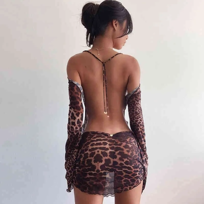 Julissa Mo Leopard Drukuj Patrz Sukienka Kobiety Z Długim Rękawem Bodycon Mini Dresses Femme Jesień Sexy Backless Party Vestidos 2020 x0521