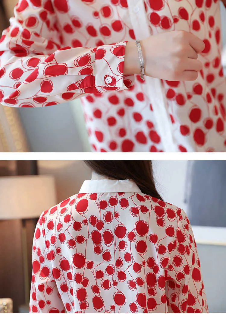 Blusas Mujer de Moda Red Dot Chiffonブラウス女性トップス長袖女性のシャツを折りたたむカラーオフィスレディーストップスB861 210602