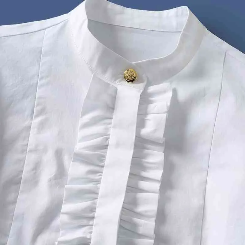 オフィスの女性のフリルの装飾ホワイトショートシャツ女性長袖ブラウスカジュアルな女性緩いトップスBlusas S8796 210430