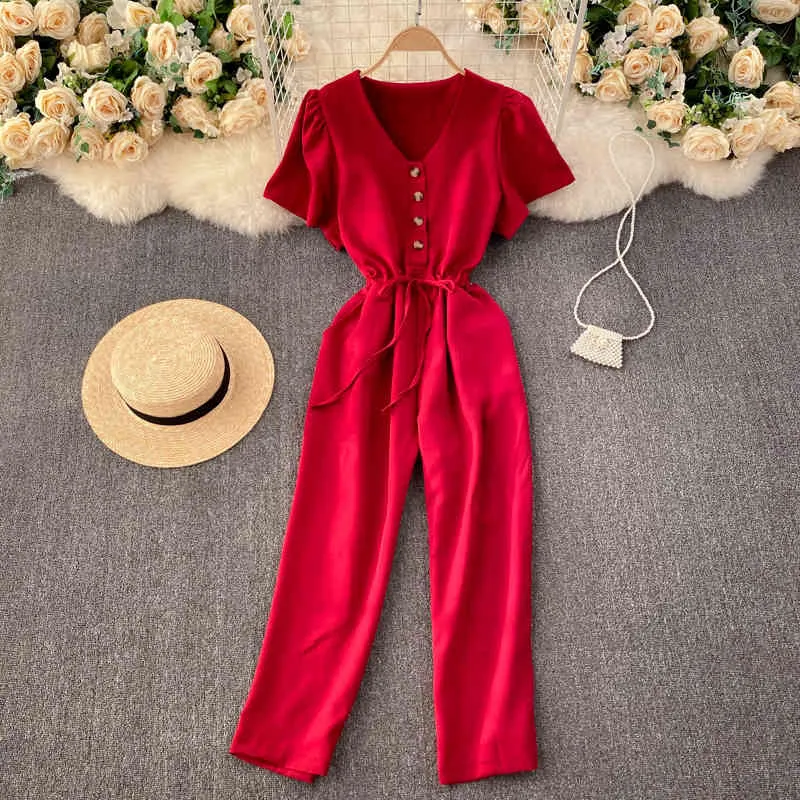 SINGREINY Women Korean Solid Rompers V Neck Short Sleeve Button Drawstring Wasit Jumpsuit Summer Vacation Beach Long Rompers 210419