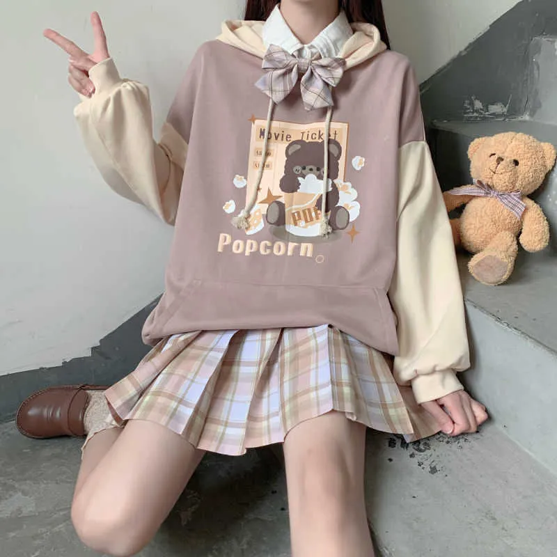 Hoodies japoneses do outono e do inverno para adolescentes meninas estudante Kawaii Lolita Hoodie Cor combinando tendência gótica solta 210813