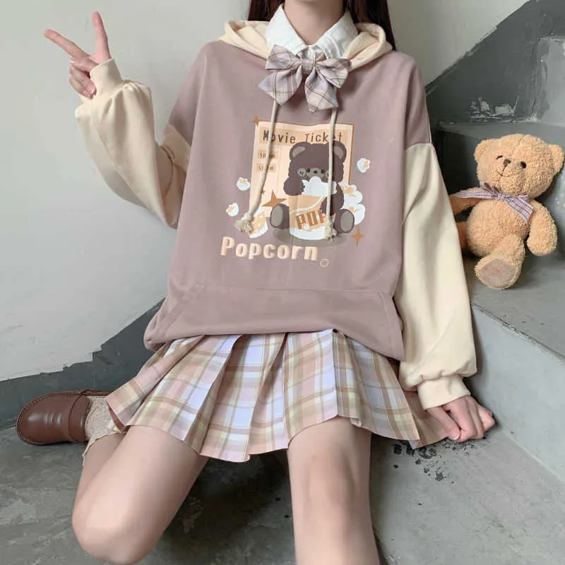 Sweats à capuche japonais automne et hiver pour adolescentes étudiantes kawaii lolita sweat à capuche couleur assortie lâche tendance gothique à capuche 210813