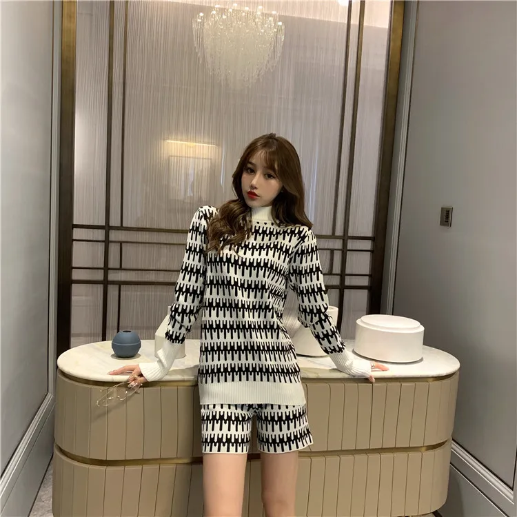 Women Turtleneck Long Sleeve Pullover Sweater and Short Set Winter Vintage Pattern Jacquard Knitted 2105241654792