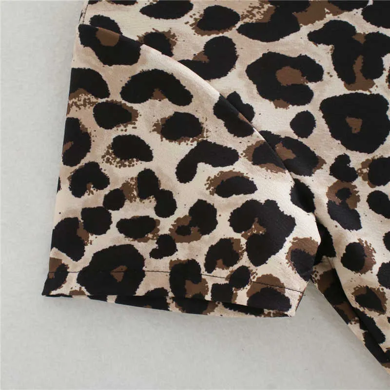 Za животных печати мини платье ретро леопардовое платье лоскут воротник с коротким рукавом передняя кнопка женские высокие уличные короткие платья 210602