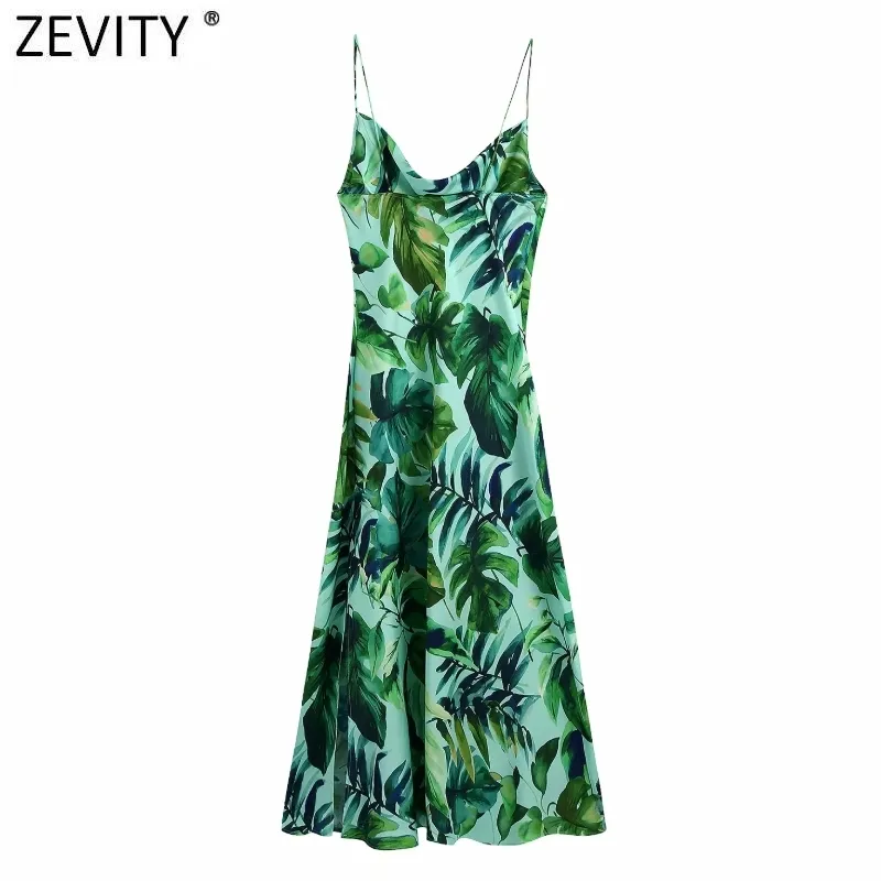 Donne Tropical Green Leaves Stampa interno Sling Dress Donna Spaghetti Strap Side Split Abiti Chic Abiti estivi DS8278 210420