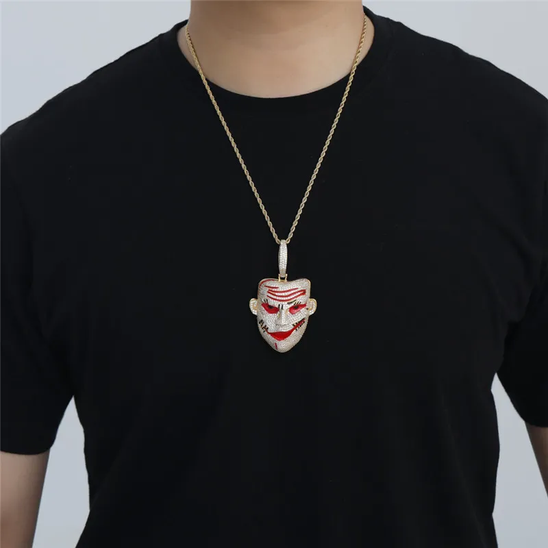 Hip Hop Lab Diamond Clown hanger ketting Iced Out Zirkoon goud verzilverd met roestvrijstalen touw Chain308Y