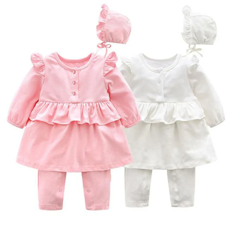 Cute Baby Girl Rompers Kids Spring Autumn Pure Color And Hat born Clothes 210429