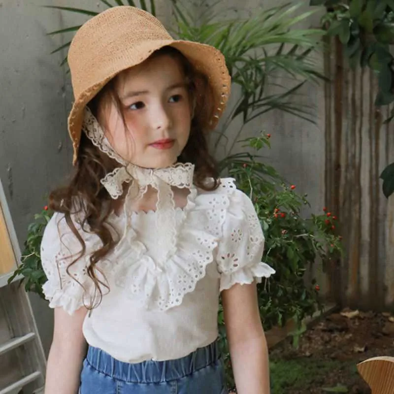 Style coréen été adolescents filles T-Shirt couleur unie volants col Blouses doux enfants vêtements E612 210610