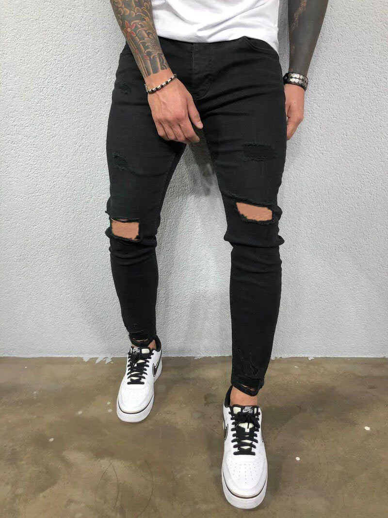 Mens jeans svart blå cool skinny rippad stretch smal elastiska denim byxor stor storlek för manlig vår sommar höst hip hop 210716