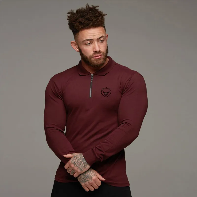 Muscleguys Brand Polo Shirt Men Spring Male Long Sleeve Gym Slim Fit Turn Collar Zipper Fitness Poloshirt Men Sports Jersey 210421