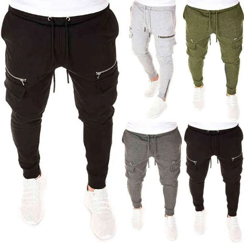 Joggers pour hommes pantalons de jogging pantalons de survêtement à la mode poches zippées décontracté Slim Fit pantalons longs sport 211119