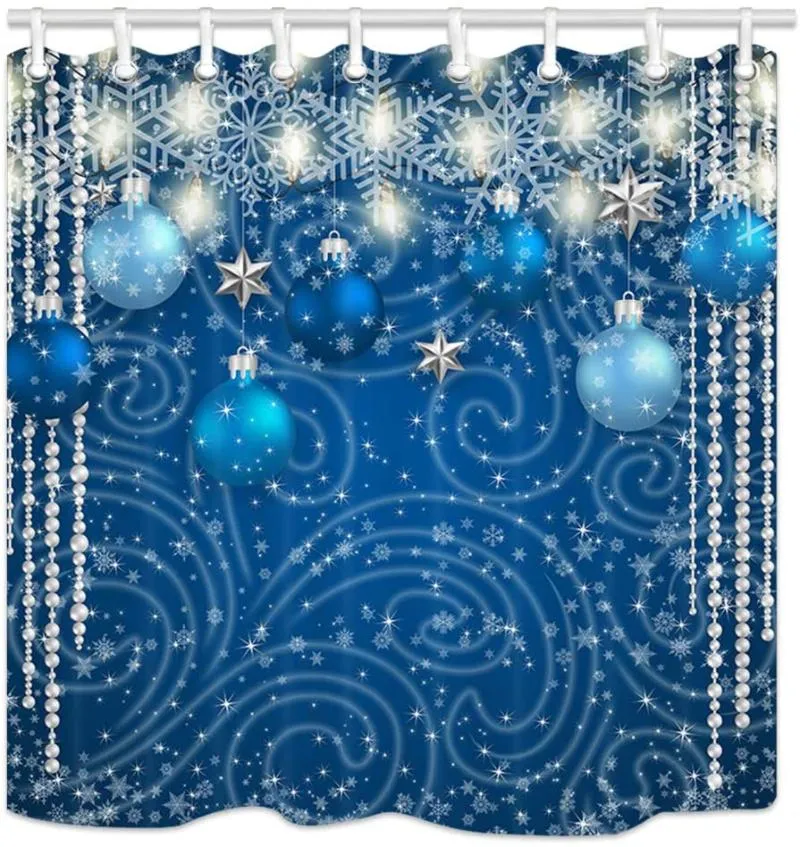 シャワーカーテンクリスマスカーテンバスルームの装飾ブルーボールシルバースターズライトスノーフレーク年冬祭バスタブスクリーンHoo249n