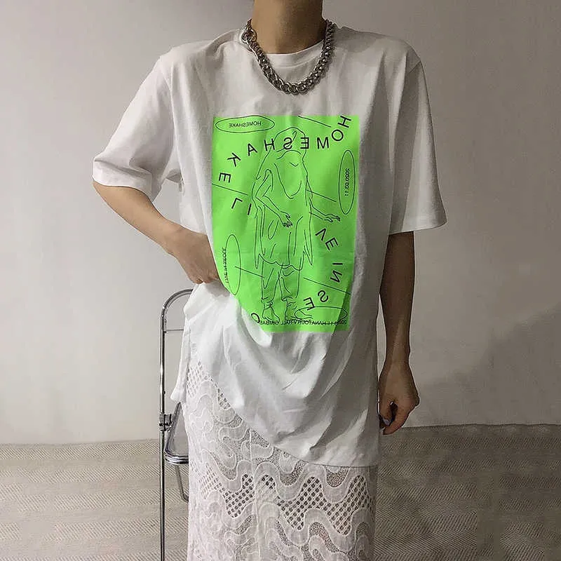 Korejpaa Dames Sets Zomer Koreaanse Chic All-Match Losse Brief Afdrukken Split T-shirt met korte mouwen Glossy High-taille Rok 210526