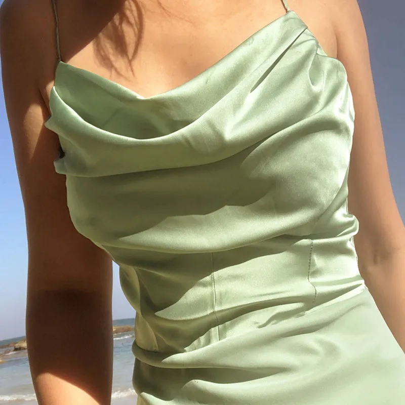 Satin Summer Midi Dress Mulheres Spaghetti Strap Backless Beach Vestidos Longos Retalhos Verde Split Robe Prom Night Outfits 210517