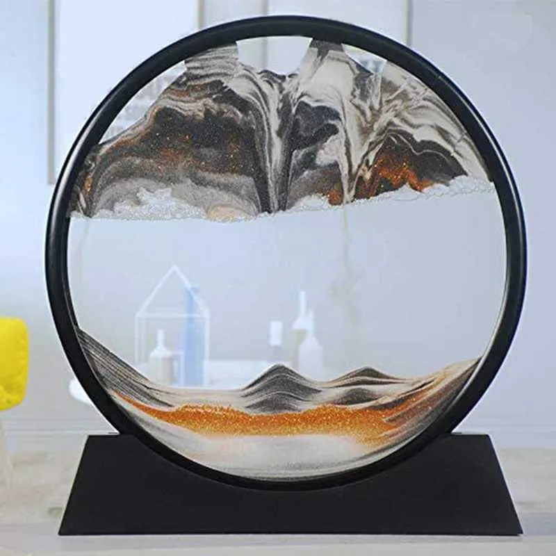 Image d'art de sable en mouvement verre rond 3d paysage de mer profonde en mouvement affichage cadre de sable coulant 7 pouces Q0525