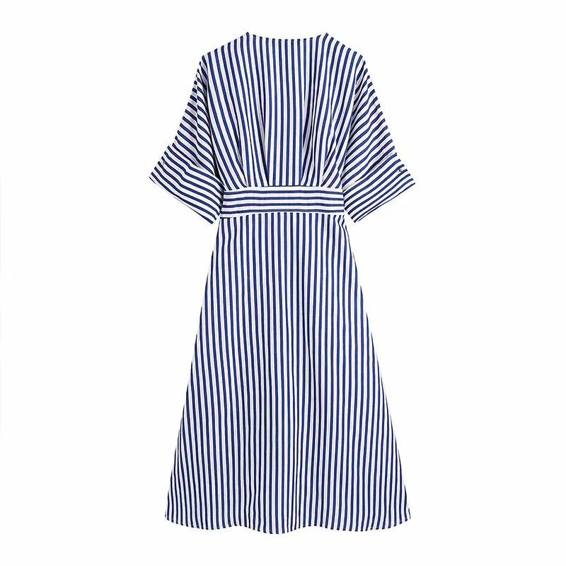 Women Summer Casual Striped Shirt Dress ZA Short Sleeve Deep V-Neck Buttons Sashes Female Elegant Street Dresses Vestidos 210513