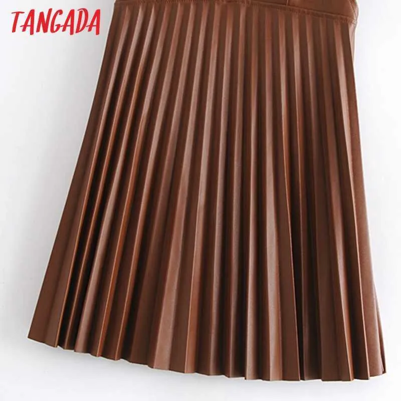Tangada mode femmes marron Faux cuir robe plissée sangle sans manches dames élégante robe courte Vestidos 3H126 210609