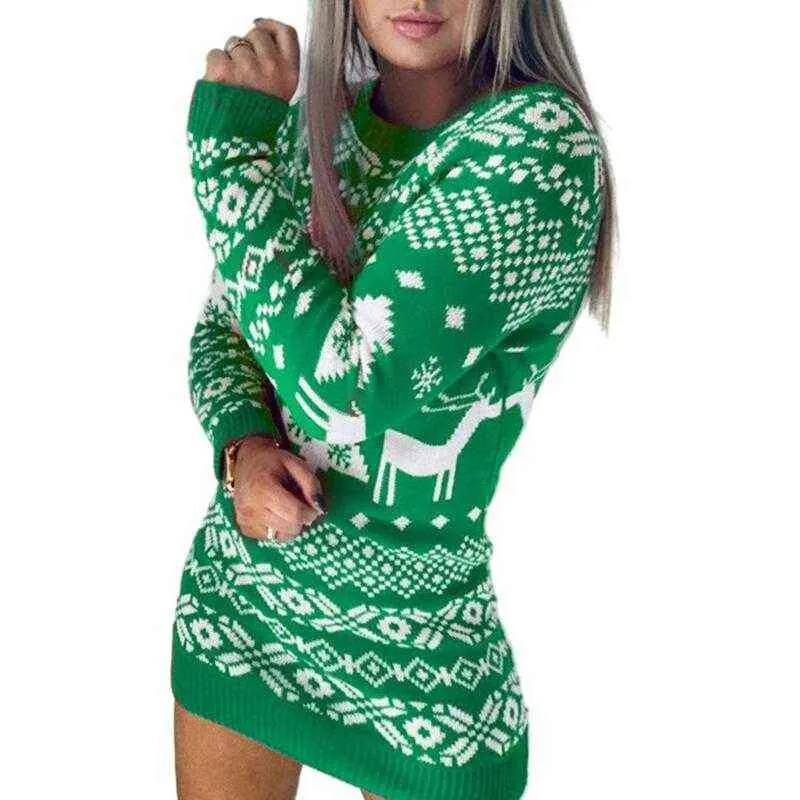 Winter Womens Moda Sexy Z Długim Rękawem Christmas Elk Drukuj Damski Sweter Bodycon Dress Y1110