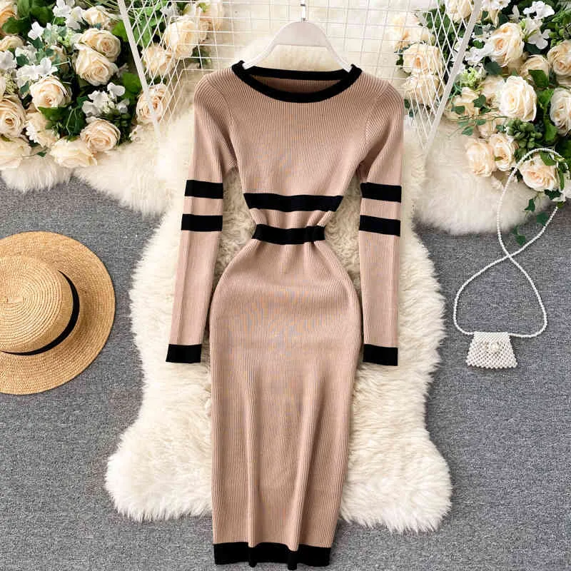 Kobiety Ciepła Dzianiny Sukienka Jesień Zima Z Długim Rękawem Paski Slim Pencil Dress Elastyczna Moda Bodycon Sweter Sukienki 210419