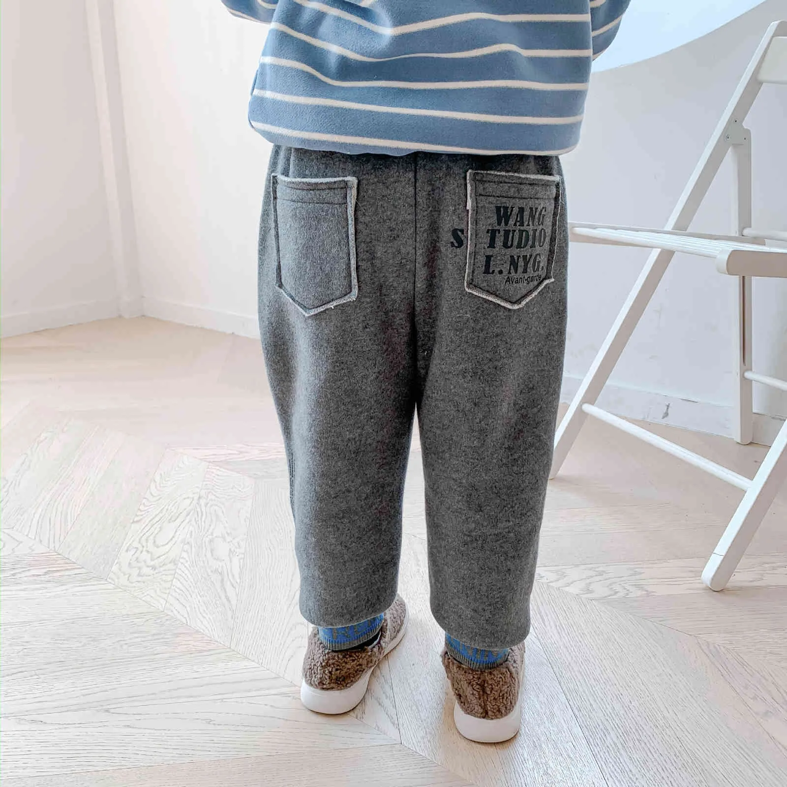 Winter boys casual fleece thick sports pants kids letters printing warm sweatpants 210508