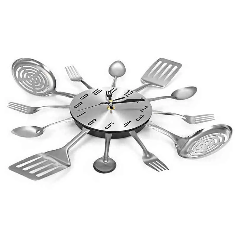 Bestek ontwerp wandklok metalen mes vork lepel keuken klokken creatieve moderne home decor unieke stijl muur horloge zilver H1230