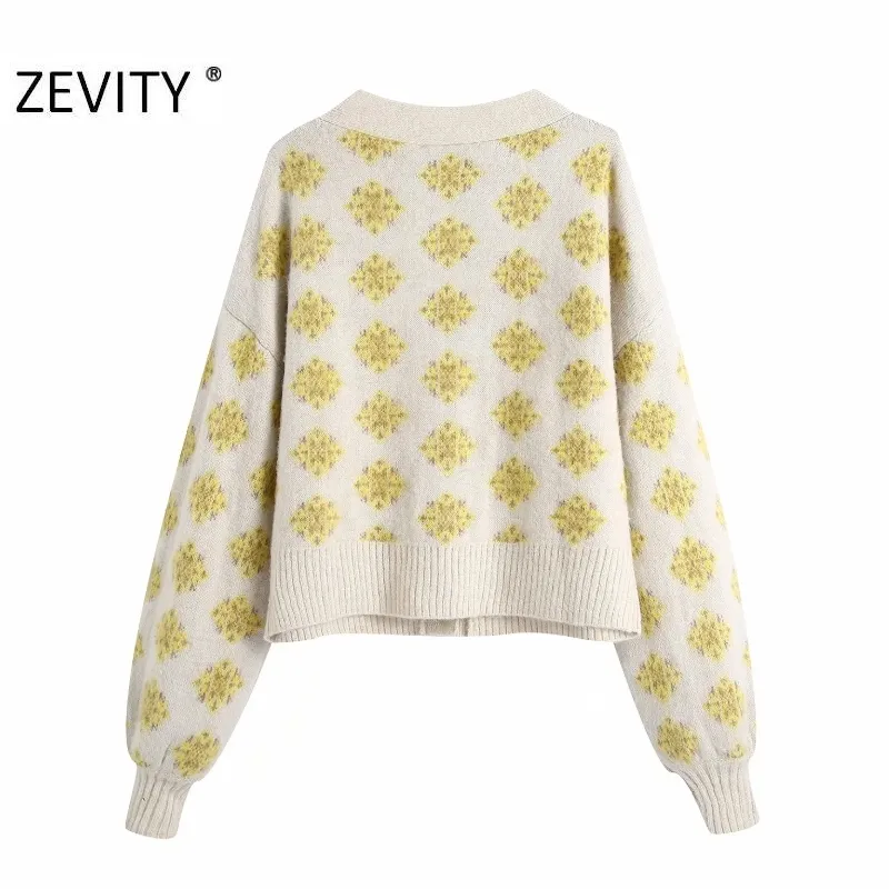 Zevity New Women Elegant Floral Print Buttons Knitting Sweater Femme Chic Basic V Neck Lantern Sleeve Casual Cardigans Tops S476 210419