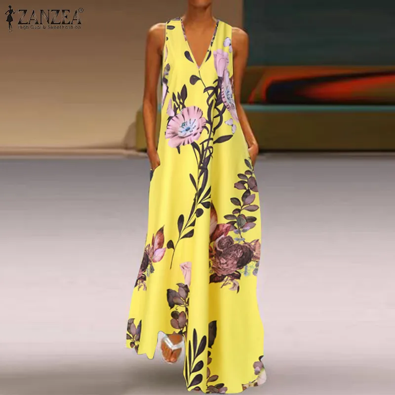 Zanzea 2021 Moda verão Sundress Mulheres Long Maxi Vestidos Floral Impresso Bohemian Dress Senhoras Bolsos Casuais Long Tunic Robe X0521