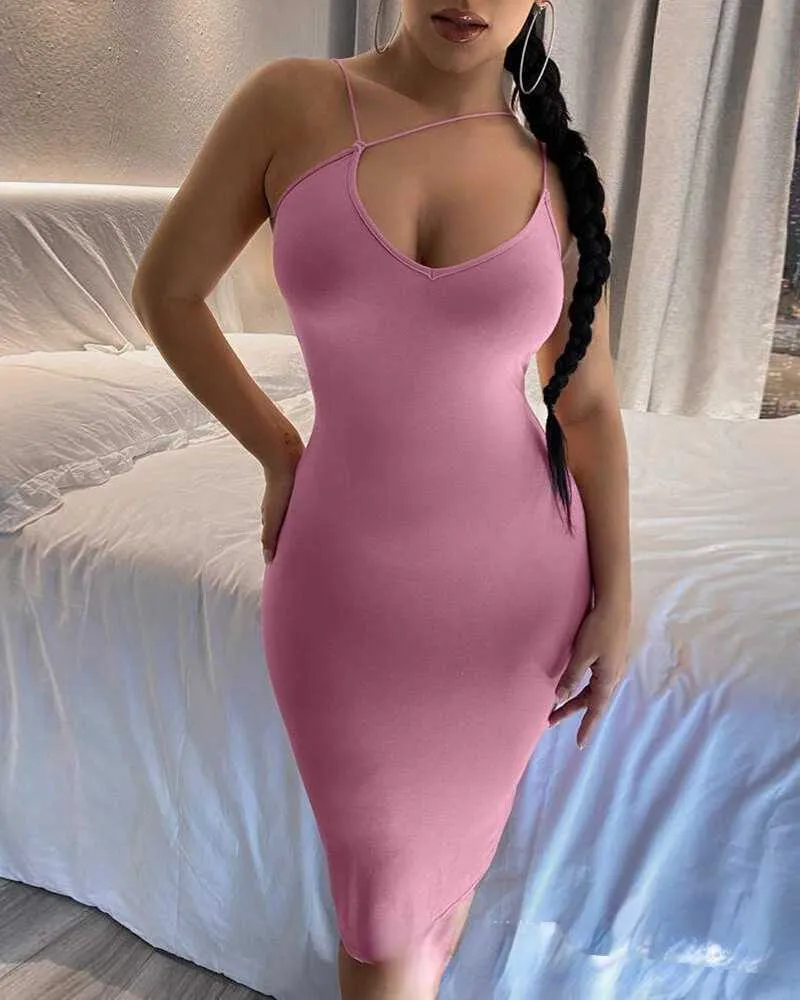 Sommar Kvinnor Elegant Party Fluorescerande Baklösa Spaghetti Strap Bodycon Dress Party Bodycon Sexy Lady Club Midi Dress Y1006