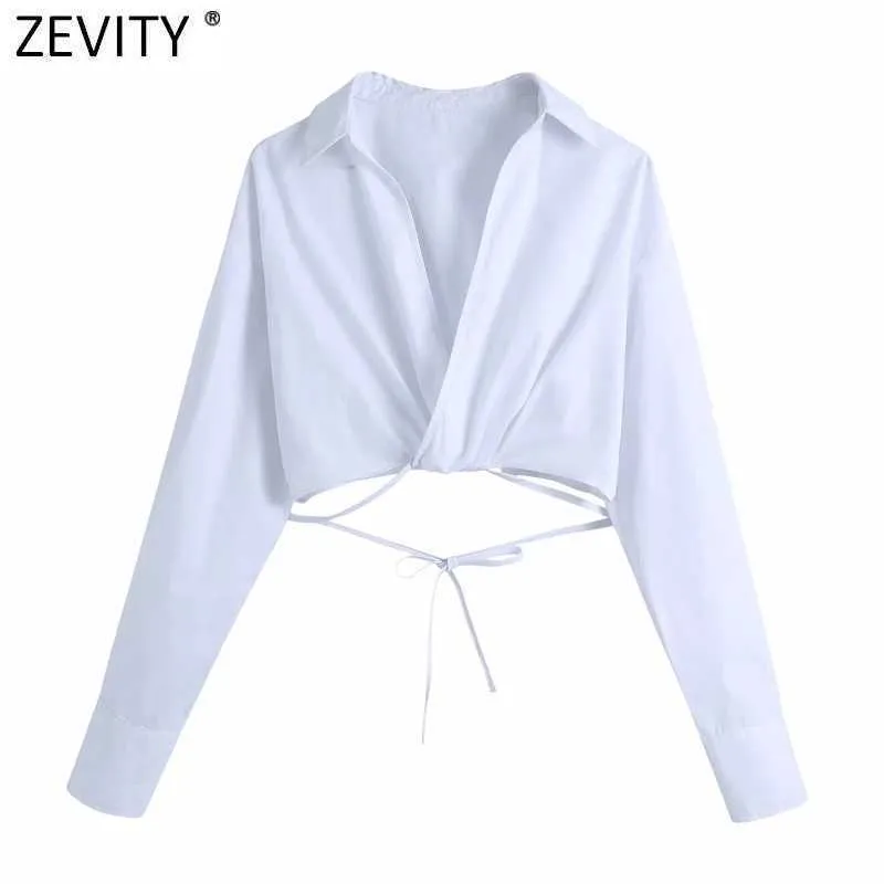 Zevity Frauen Mode Kreuz V-ausschnitt Saum Schleife Gebunden Kurze Kittel Bluse Weibliche Langarm Kimono Shirts Chic Crop Blusas tops LS90081 210603