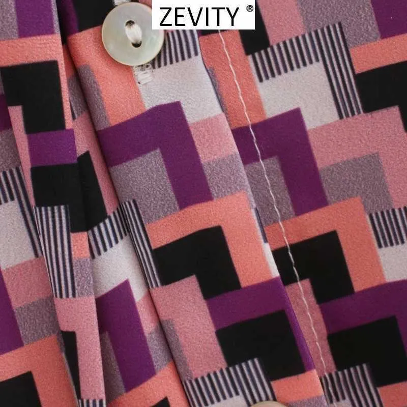 Zevity Women Vintage Geometric Print Casual Sashes Shirt Klänning Chic Kvinna Långärmad Pläterad Vestidos Party Dresses DS4157 210603