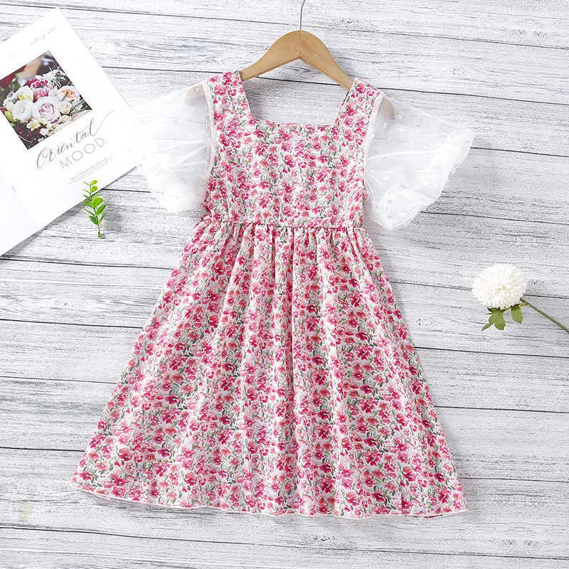 Kinder Mädchen Blumen Puffärmel A-Linie Kleid für Kinder Schöne Blumen Sommer Sommerkleid Baumwollkleidung 210529