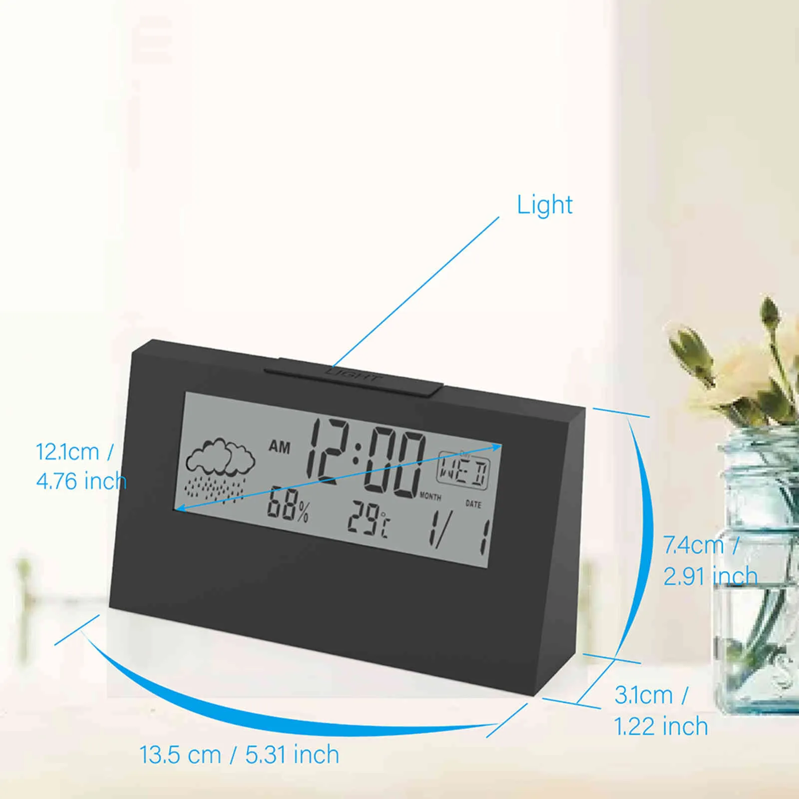 Réveil de bureau LCD blanc, avec calendrier et hygromètre, thermomètre et hygromètre, montre de Table moderne pour la maison, batterie