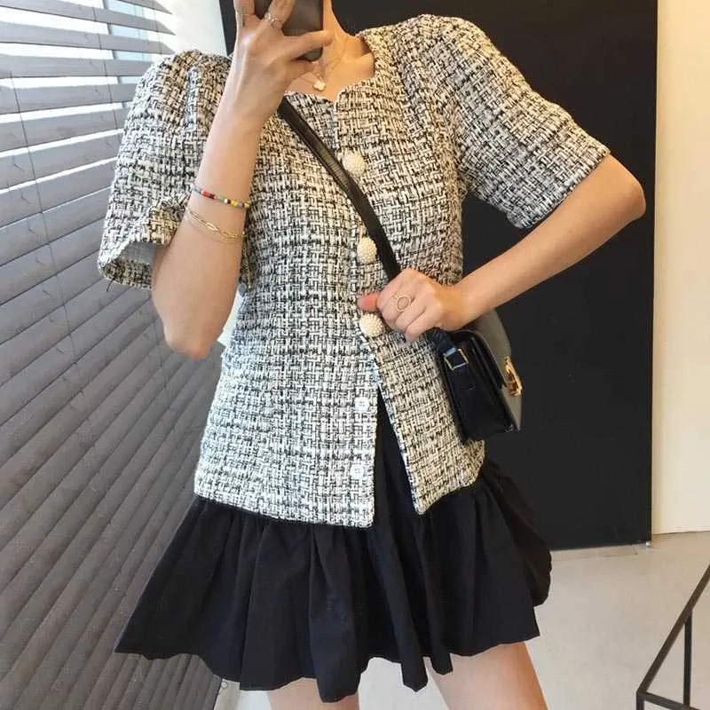 Korejpaa Dames Sets Zomer Koreaanse Chique Dames Temperament Three-Button Korte Mouwen Tweed Jas High-taille Puffy Skirt 210526