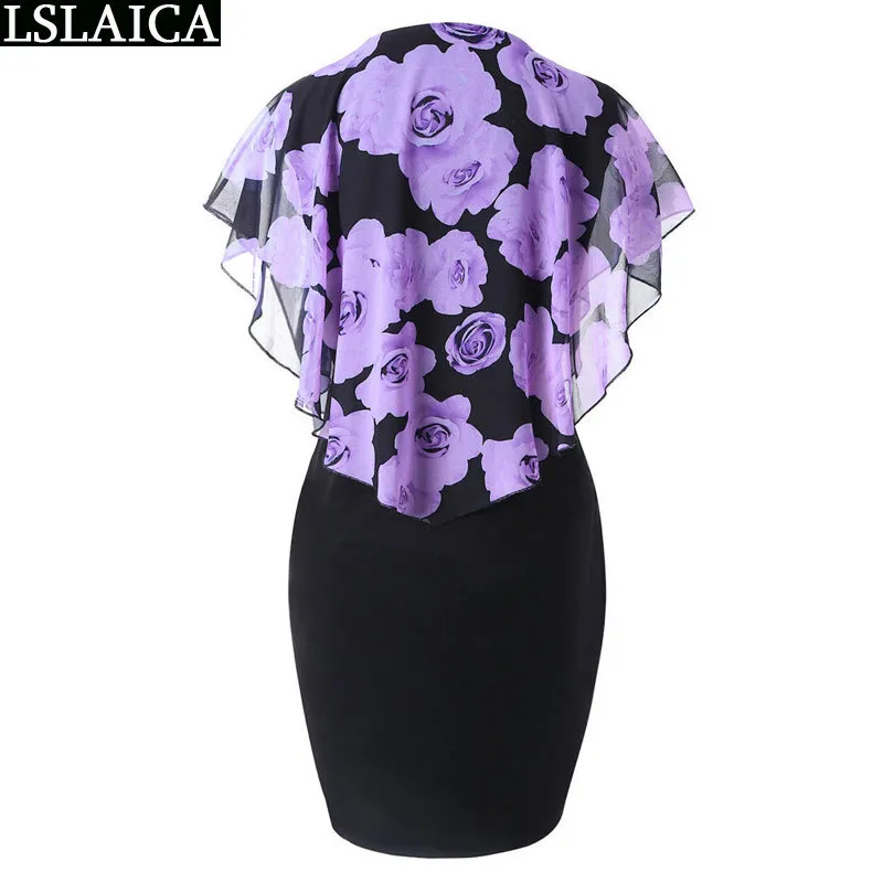 women dress rose print elegant casual slim bodycon office party streetwear plus size S-5XL short 210515