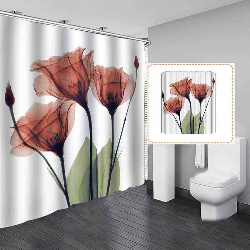 Tenda da doccia con motivo floreale a tulipano Tenda da doccia bagno Tessuto in poliestere Tenda da bagno con stampa 3D con ganci Decorazioni il bagno di casa 211116