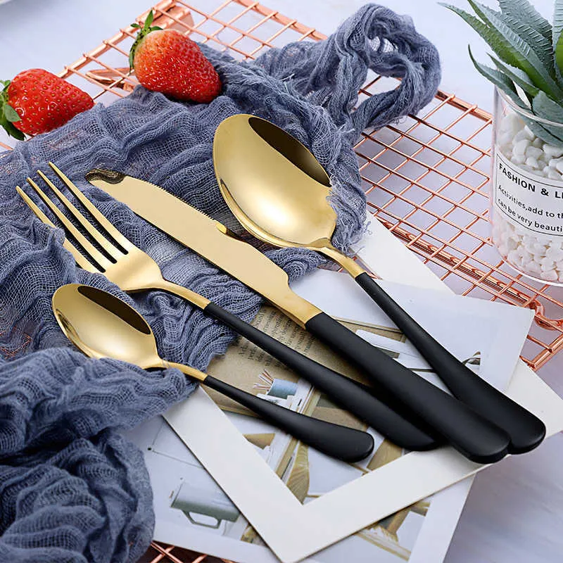 Tablewellware Stainless Steel Cutlery Tableware Gold Spoon Set Forks Knives Spoons Kitchen Dinnerware Drop 210804