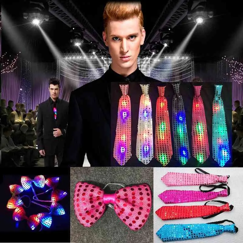 10 pezzi Papillon da uomo LED lampeggiante con paillettes Cravatta da ragazzo club Festa di Natale Cravatta da donna Regalo